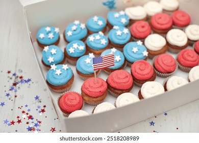 Festive cupcakes decorated with a USA theme, American flag cupcakes for 4th of July, United States - Powered by Shutterstock