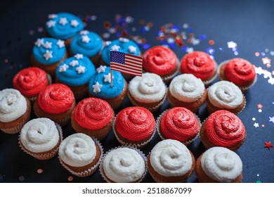 Festive cupcakes decorated with a USA theme, American flag cupcakes for 4th of July, United States - Powered by Shutterstock