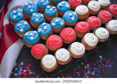 Festive cupcakes decorated with a USA theme, American flag cupcakes for 4th of July, United States - Powered by Shutterstock