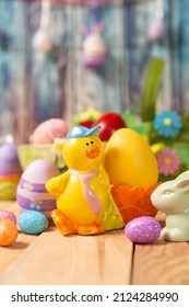 festive decoration for Easter. Easter decorations, eggs and ceramic duck