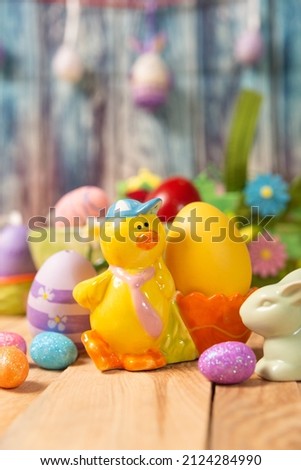 festive decoration for Easter. Easter decorations, eggs and ceramic duck