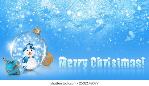 A festive design showcases a snowman inside a snow globe with a bright blue winter background, complementing the cheerful message of Merry Christmas in sparkling letters. - Powered by Shutterstock