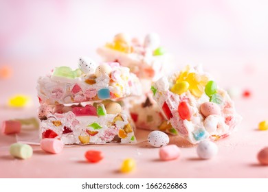 Festive Dessert With Chocolate,marshmallow, Nuts And Sweet Jelly Candy  For Easter. White Chocolate Rocky Road Bars.