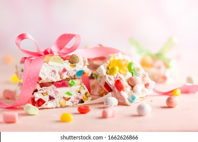 Festive Dessert With Chocolate,marshmallow, Nuts And Sweet Jelly Candy  For Easter. White Chocolate Rocky Road Bars.