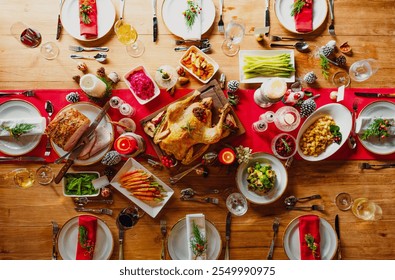 Festive dinner table with roasted chicken, vegetables, and drinks. Holiday feast with chicken, vegetables, and drinks. Elegant table setting for a festive meal. Christmas dinner with turkey and sides. - Powered by Shutterstock