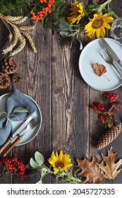 Festive Dinner Table With Traditional Autumn Decoration. Thanksgiving Day Dinner.