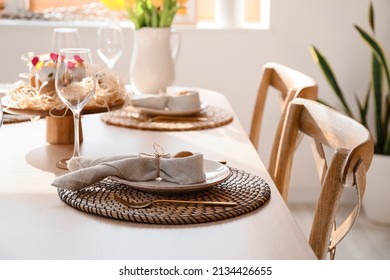 Festive Dinnerware On Table Served For Easter Celebration