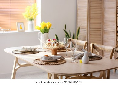 Festive Dinnerware On Table Served For Easter Celebration In Room