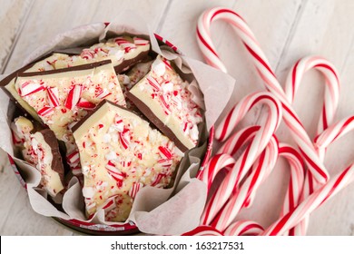 Festive Display Of Homemade Chocolate Peppermint Bark With Bunch Of Candy Canes