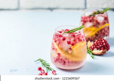 Festive Drinks, Citrus, Pomegranate Cocktail. Selective Focus, Space For Text. 