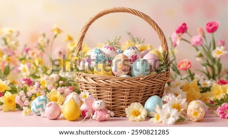 A festive Easter basket with painted eggs