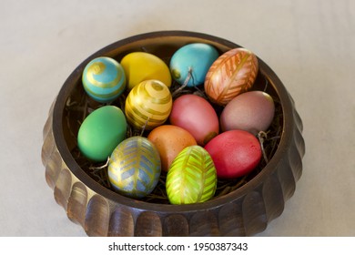 Festive Easter Centerpiece Full Of Colored  Hen Eggs, Copy Space