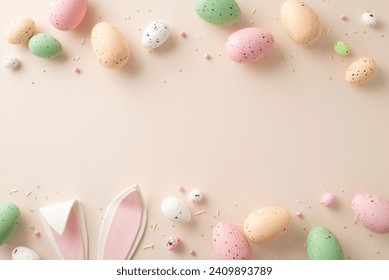 A festive Easter scene unfolds in this top-view snapshot. Vibrant eggs, endearing bunny ears and sprinkles decorate a pastel beige surface with an open area for your text or advertisement