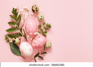 Festive Easter Spring Composition With Flowers And Eggs