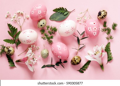 Festive Easter Spring Composition With Flowers And Eggs