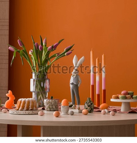 Festive Easter Table Setup with Tulips, Bunny and Pastel Accents
