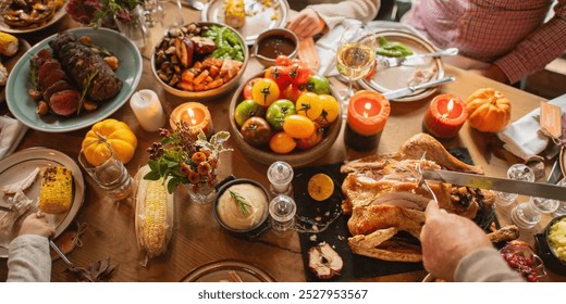 Festive family Thanksgiving dinner with diverse meal, turkey and vegetables, Family and friends gather, Thanksgiving dinner party at home, enjoying a family meal, festive autumn dinner party - Powered by Shutterstock