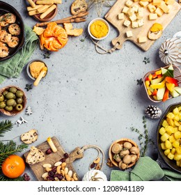 Festive Flat Lay With Christmas Dinner Party Table, Holiday Vegeterian Food Concept Background, Top View With Copy Space.