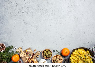 Festive Flat Lay With Christmas Dinner Party Table, Holiday Vegeterian Food Concept Background, Top View