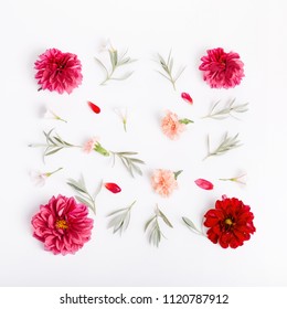 Festive Flowers Red Dahlias Composition On The White Background. Overhead Top View, Flat Lay. Copy Space. Birthday, Mother's, Valentines, Women's, Wedding Day Concept