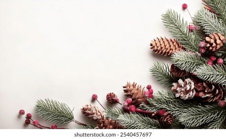 Festive foliage arrangement, pine cones and frosty red berries on evergreen christmas tree spruce fir branches, winter holiday decor on white background, natural seasonal Christmas holiday backdrop - Powered by Shutterstock