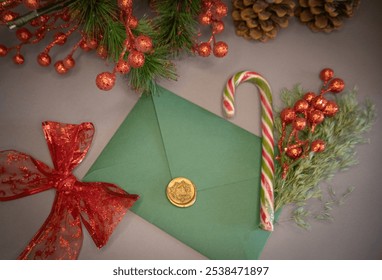 Festive green envelope for Santa Claus with a wish letter, surrounded by a Christmas background featuring candy, red bow, and red berries. Perfect for holiday designs! - Powered by Shutterstock