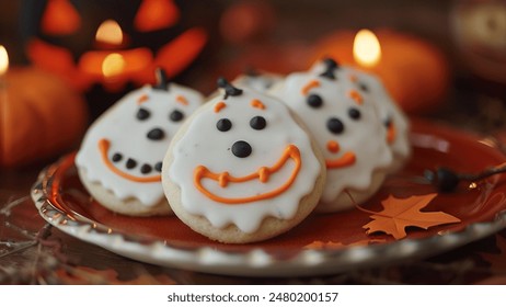 Festive Halloween sugar cookies decorated with white frosting and ghost faces, perfect for fall-themed desserts. These treats capture the spooky spirit of Halloween with a sweet and fun twist. - Powered by Shutterstock