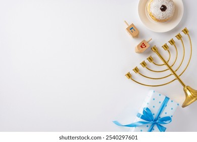 Festive Hanukkah scene featuring a golden menorah, traditional dreidels, jelly donut, and a wrapped gift with blue ribbon on a white background