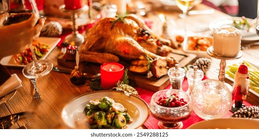 Festive holiday dinner with roasted turkey, candles, and wine. A warm, inviting table setting perfect for a holiday feast with family and friends. Festive holiday meal, Christmas dinner. - Powered by Shutterstock