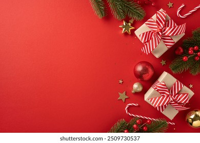 Festive holiday scene featuring wrapped gifts, candy canes, and decorations on a vibrant red background conveying Christmas cheer and celebration - Powered by Shutterstock