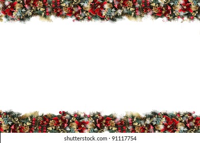 Festive Holiday Stationary / Background, Garland Border Made Of Holly Berries, Pine Cones, Gold Glitter, Red Ponsettia Flowers, All With Lots Of Christmas Color!