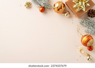 Festive holiday vibes! A top-view shot of beautifully wrapped gift box, glowing ornaments, pine cone, glitter, frosted fir twigs on a soft beige backdrop, perfect for your holiday greetings or ads - Powered by Shutterstock