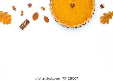 Festive Homemade Pumpkin Pie On White Background. Flat Lay, Top View. Thanksgiving Day