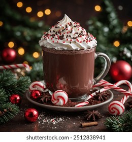 A festive hot chocolate with peppermint sticks or candy canes resting on the rim of the cup. The drink is topped with whipped cream and chocolate sprinkles, surrounded by holiday decorations. - Powered by Shutterstock