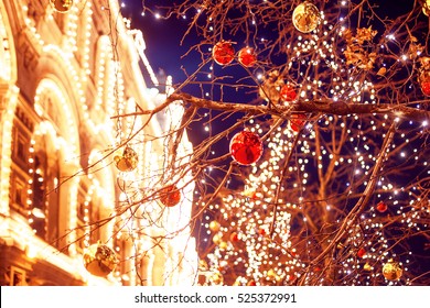 Festive Illuminations In The Streets Of The City. Christmas In Moscow, Russia. Red Square