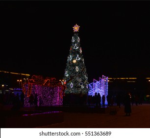 Festive illuminations in the town square.