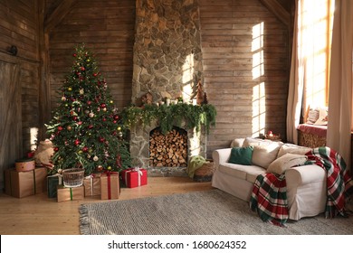 Festive interior with decorated Christmas tree and fireplace
