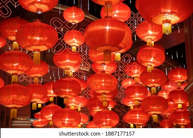 Festive Lanterns For Chinese New Year Celebration. Decoration, Illumination, Lighting And Bright Symbol Of Holiday Event.