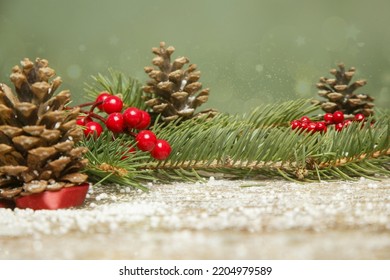 Festive Natural, Zero Waste, Plastic Free, Christmas Decoration. DIY Winter Holidays Home Decor Made Of Fir Branches, Pine Cones And Red Berries.	