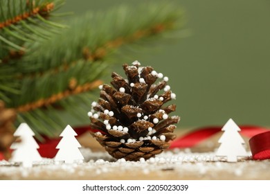 Festive Natural, Zero Waste, Plastic Free, Christmas Decoration. DIY Winter Holidays Home Decor Made Of Fir Branches, Pine Cones And Red Berries.	