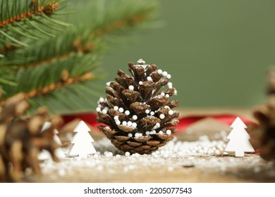 Festive Natural, Zero Waste, Plastic Free, Christmas Decoration. DIY Winter Holidays Home Decor Made Of Fir Branches, Pine Cones And Red Berries.	