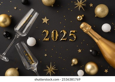 Festive New Year 2025 setup with champagne bottle, two glasses, and golden decorations on a dark background. Ideal for holiday celebrations and party themes - Powered by Shutterstock