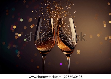 Festive New Year, Anniversary, Birthday background. Two glasses with sparkling wine, confetti stars, golden glossy shiny streamer, party decorations 2