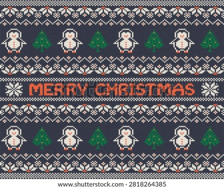 Festive pixel art pattern featuring penguins fir trees and holiday greetings in a cozy knitted design. Ideal for winter celebrations and seasonal promotions.