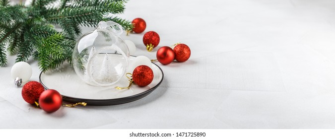 Festive Place Setting For Christmas Dinner On White Rustic Background. Christmas Table Setting With Red And White Decorations. Copy Space. Long Wide Banner