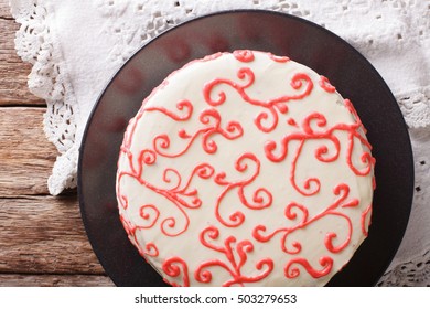 Festive Red Velvet Cake Close Up On The Table. Horizontal View From Above
