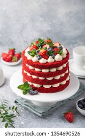 Festive  Red Velvet Cake On White Cake Stand,  Selective Focus,