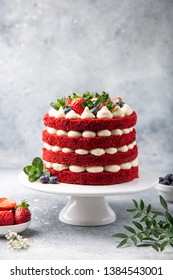 Festive  Red Velvet Cake On White Cake Stand,  Selective Focus,