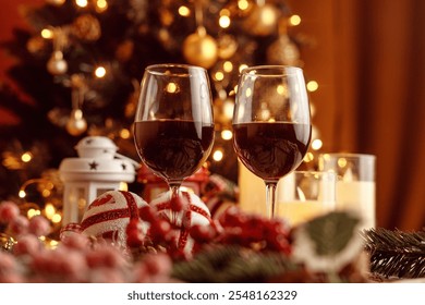 Festive red wine glass surrounded by Christmas decorations, creating a cozy holiday vibe. Perfect for Christmas, holiday season, festive celebrations, winter drinks, seasonal parties and holiday cheer - Powered by Shutterstock