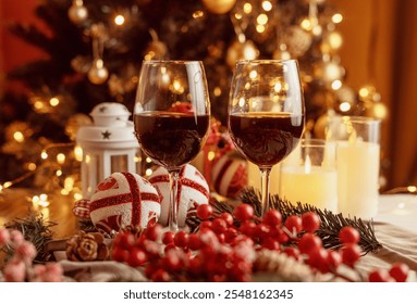 Festive red wine glass surrounded by Christmas decorations, creating a cozy holiday vibe. Perfect for Christmas, holiday season, festive celebrations, winter drinks, seasonal parties and holiday cheer - Powered by Shutterstock